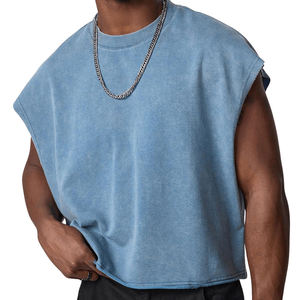 Тяжелая хлопковая французская махровые винтажные Промытые футболки без рукавов с необработанным краем укороченная мужская майка для лета - Product Image 1