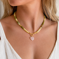 Collar de Cuentas de Ágata Amarilla de Verano, Hecho a Mano, de Primera Calidad, con Dije de Corazón Rojo, Joyería Antideslustre
