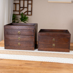 Caja de almacenamiento de té tailandesa vintage de madera maciza con 3 cajones y tapa para pastel de té Pu-erh, organizador de escritorio - Product Image 3