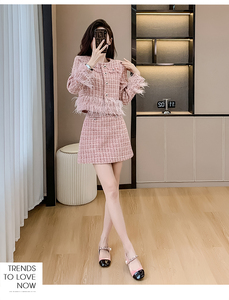Two-Piece Suit Women'S Woven <strong>Tweed</strong> Feather Trim <strong>Jacket</strong> and High Waist Skirt Heavy Duty Ladies <strong>Cheap</strong> 2 Pcs Set - Product Image 5