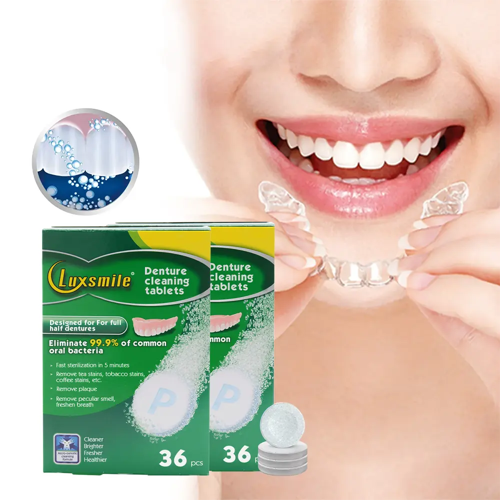 Grosir tablet Effervescent pembersih gigi tiruan pemutih Label Pirvate OEM untuk retainer pembersih gigi