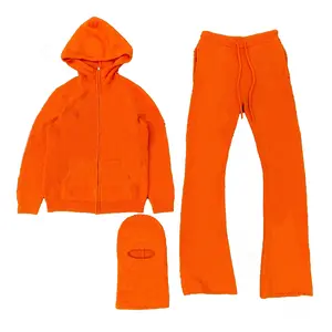 Knitwear manufacturer Custom men's mohair sweater sets jacquard print zip up hoodie cardigan flare pants men knit clothing set