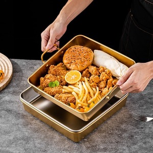Stainless Steel Square <b>Snack</b> <b>Tray</b> Gold Color Double Ear Food Serving Plate For Barbecue Hot Pot - Product Image 4