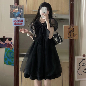 Black Summer Dress Sweetheart Neck Puff Sleeve Mesh Midi Skirt Vintage Party Casual Dress Empire Waistline Translucent - Product Image 1