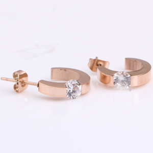 Boucles d'oreilles en or rose en forme de C, 15mm, rondes, incrustées de zircon, design géométrique, cadeau pour femmes - Product Image 2
