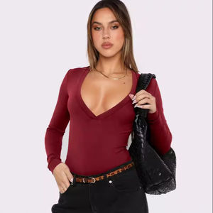 Personnalisé Sexy <span class=keywords><strong>Décolleté</strong></span> <span class=keywords><strong>Plongeant</strong></span> Nylon Stretch Tissu Manches Longues Femmes Tricoté Y2K Blanc Top - Product Image 1