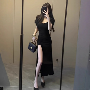 Elegant French Style Short Sleeve Black Dress Scoop Neck Sheath Slit Long Evening Dress - Product Image 1