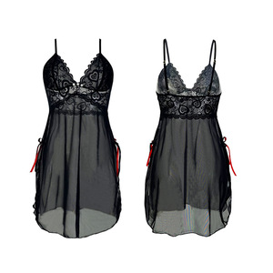 Lingerie féminine en dentelle, babydoll en satin, chemise de nuit longue jusqu'aux genoux, col en V, vêtements de nuit en maille avec fente latérale - Product Image 5