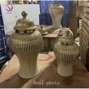 Light Luxury Large General Jar Handicraft Furnishings Ceramic Electroplated <strong>Vase</strong> Ginger Jar Table <strong>Flower</strong> Striped <strong>Vase</strong> - Product Image 4