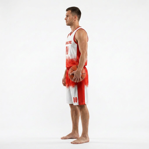 Conjunto de Uniforme de Baloncesto Personalizado Sublimado en Blanco y Rojo, Transpirable, de Malla, Unisex, Cuello en V, Secado Rápido, Diseño Degradado - Product Image 3