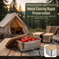 Boîte à lunch de camping en acier inoxydable 304 avec couvercle en bambou, sangle élastique, conteneur de stockage alimentaire portable pour pique-nique et randonnée