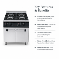 Cuisinière à gaz commerciale JUSTA à 4 brûleurs avec protection contre l'extinction de la flamme et armoire de rangement, cuisinière en acier inoxydable pour restaurant, hôtel