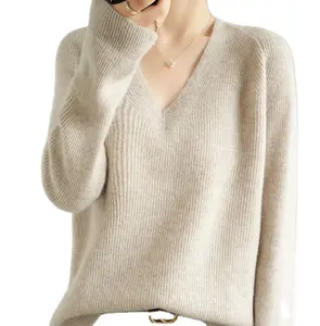 Benutzer definierte OEM ODM Großhandel V-Ausschnitt solide Rippen gestrickt hochwertige Frauen Wolle Pullover