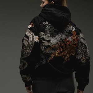 Felpa con Zip Oversize Personalizzata Nera Spessa Vintage Hip Hop Streetwear per Uomo Produttore di <span class=keywords><strong>Abbigliamento</strong></span> con Motivo Ricamato 3D in Cotone Pesante - Product Image 1