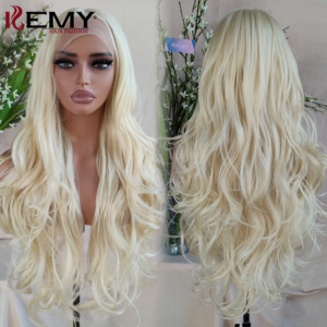 Perruque synthétique KEMY HAIR Burg résistante à la chaleur, ondulée naturelle, avec dentelle frontale, sans colle, avec raie au milieu, noire, pour femmes - Product Image 4