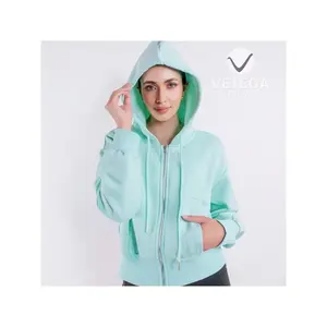 Sweat-shirt à capuche court vert pour femme Vetega avec poches, épaules tombantes, manches longues, en polaire, décontracté, pour l'automne, en polyester tricoté - Product Image 5