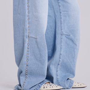 Pantalones Vaqueros Anchos Retro Y2K Azules Lavados con Remaches Laterales, de Algodón, Estilo Oversize, para Mujer - Product Image 5