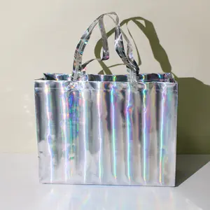 Özel Logo su geçirmez holografik lazer yanardöner olmayan dokuma hediye alışveriş kol çantası çanta