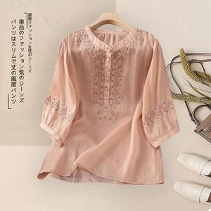 Women's Cotton <b>Linen</b> <b>Set</b> Embroidered Top Three Quarter Sleeve Wide Leg Pants Casual Breathable Spring Summer Style - Product Image 4