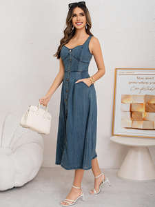 Vestido vaquero maxi de verano para <span class=keywords><strong>mujer</strong></span>, personalizado, con botones en la cintura, estilo casual, tirantes anchos, color liso, lavado, tipo cruzado. - Product Image 6