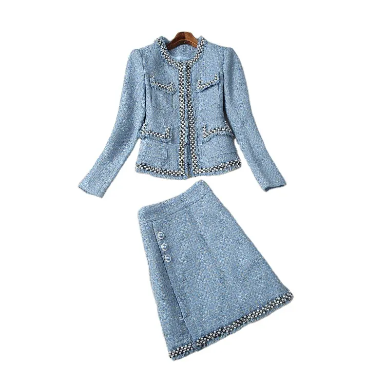 Autumn 2019 new European and American women's wear Long sleeve beaded coat skirts Fashionable tweed suit