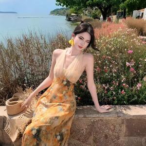 Yellow Halter Dress Tie Dye Print Beach Gown Slim Fit Polyester Summer Vacation Wear - Product Image 1