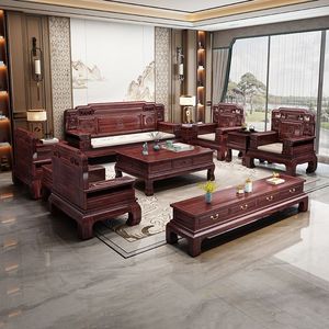 Juego de sofás de madera maciza de palisandro chino de estilo clásico, muebles de sala de estar de estilo antiguo con estructura de mortaja y tenón. - Product Image 1