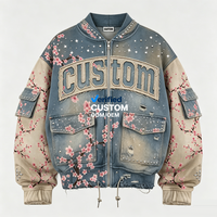 Chaqueta Oversize Personalizada con Lavado Ácido, de Peso Pesado, para Hombre, con Parches de Pedrería y Bordados, con Cremallera, Estilo Vintage Streetwear, Cortavientos