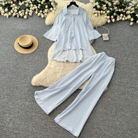 Ensemble chemise rayée à revers décontractée d'été et pantalon large pour femme – Tenue deux pièces ample et élégante