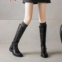 Bottes d'équitation d'hiver montantes en cuir véritable avec fermeture éclair et boucle, talon épais