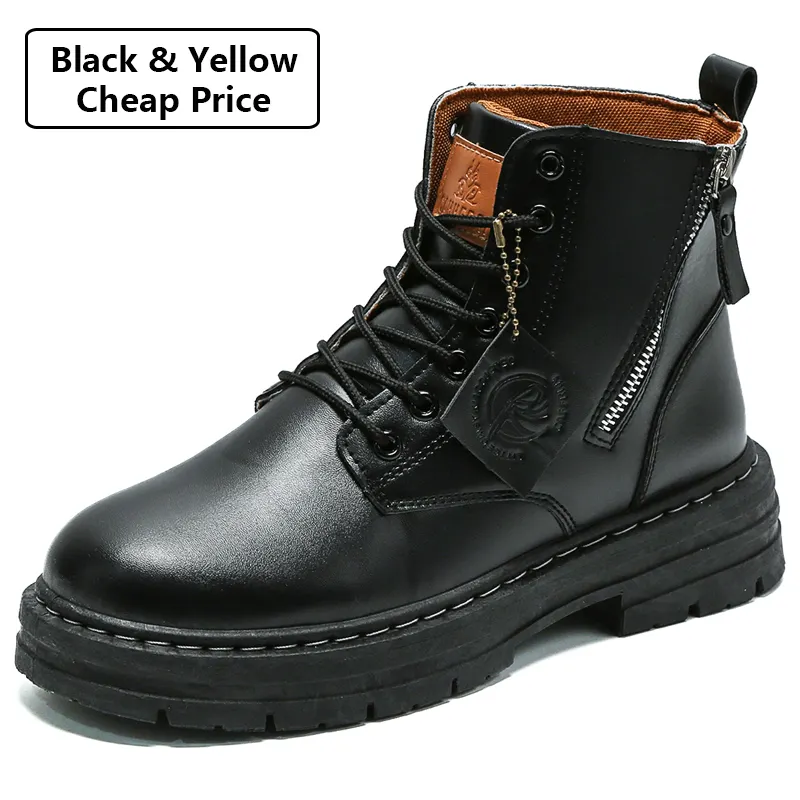 Men Fashion Casual Leather Work Boots Male Black Yellow Stylish Ankle Short Martin Boots