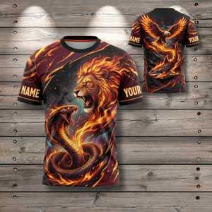 Maglietta Personalizzata Leone Serpente con Nome Personalizzato, Stampa Animale Fuoco AOP, Aquila Squalo sul Retro - Product Image 1