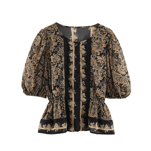 Schwarze Rundhals-Bluse mit Knöpfen und Aufdruck Halber Ärmel Lässige Modische Sommer-Tops Blusen Hemden für Damen - Product Image 1