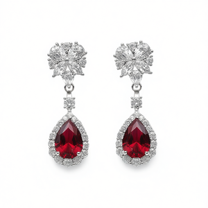 Orecchini Pendenti di Lusso in Argento 925 con Rubino, Design a Fiore, Montatura a Griffe, Gioielli da Sposa per Donna - Product Image 1