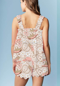 Summer Wavy Edge Bow Tie Sleeveless Top <strong>Shorts</strong> Two Piece Set Sleepwear Women - Product Image 3