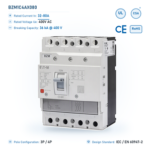 Disjoncteur magnéto-thermique BZM 80A 4 pôles 36kA 400V AC à boîtier moulé pour la distribution d'énergie électrique - Product Image 1