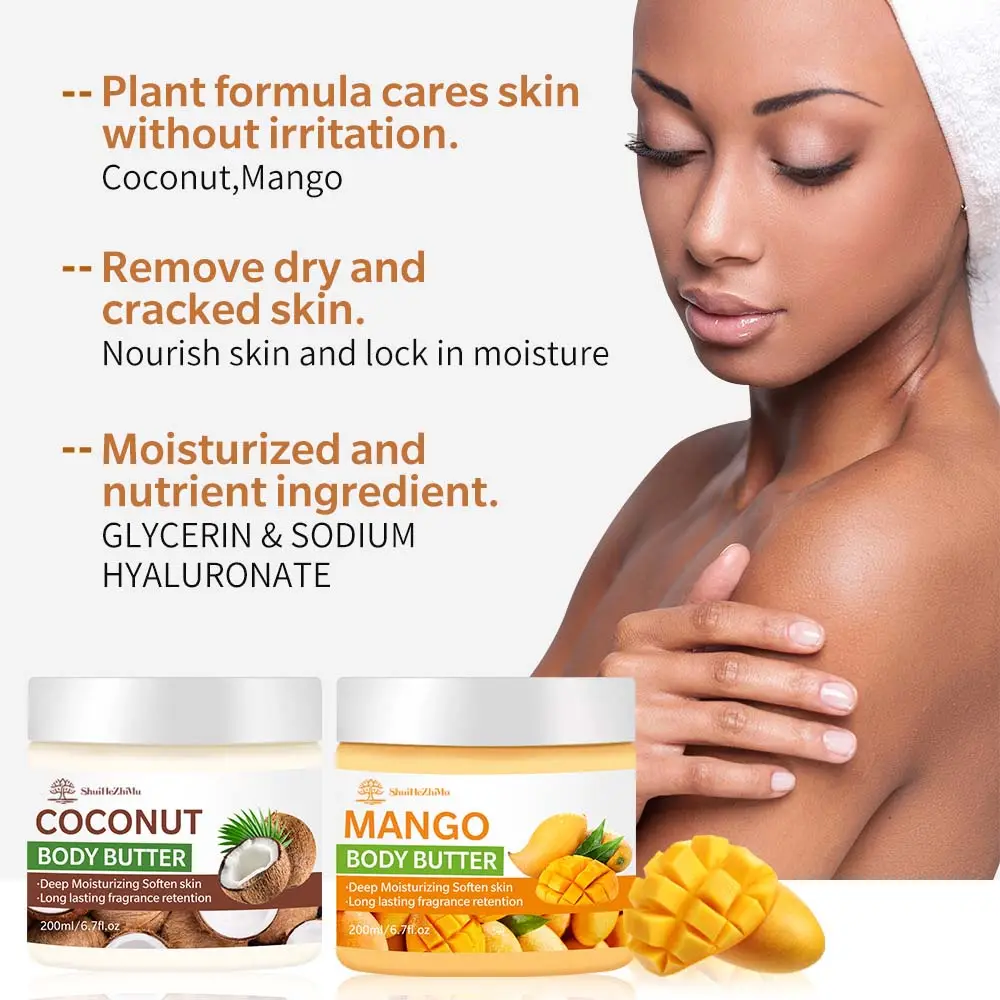Label pribadi OEM Natural Organic Vegan kocok Shea Butter pelembab mencerahkan mangga kelapa mentega tubuh