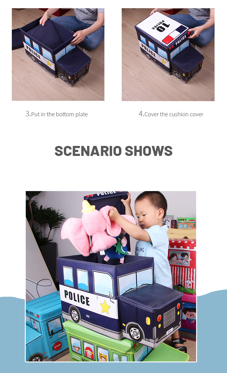 Cartoon Car  Non-woven Storage Box Folding Ottoman Of Kids School Bus Storage Stool