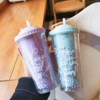 Gobelet à Boissons avec Paillettes 550 ml, Bouteille d'Eau Arc-en-ciel pour Filles, Tasse à Milkshake et Jus, avec Paille et Perles Colorées