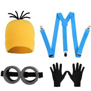 Cartoon 4Pcs Costume Accessories Adults-Yellow Beanie Hat/Goggles/<b>Gloves</b>/Suspenders for Halloween Dress up - Product Image 1