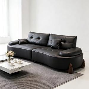 Premium Black Tufted Leather Curved <b>Sofa</b> With Walnut Wood Base For Living Room - Product Image 2