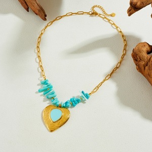 Irregular Blue Pebble Beaded Necklace Gold Plated Heart Pendant Clavicle Chain Daily Party Wear - Product Image 3