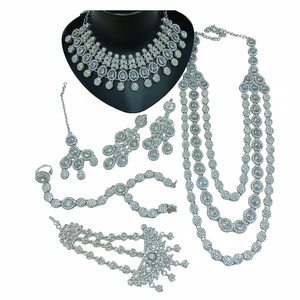 Élégant ensemble de bijoux ethniques en laiton de haute qualité, plaqué rhodium, avec zircon, pour mariée, fiançailles, mariage, anniversaire, fête, collier ras-du-cou effet ombre - Product Image 2