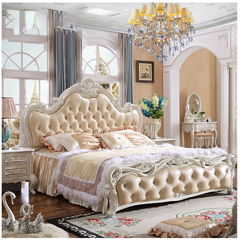 Set Tempat Tidur Ukuran King Gaya Eropa, Furnitur Kamar Tidur Mewah Elegan Royal Perancis Italia untuk Kamar Tidur Kayu MDF