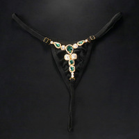 String Tanga avec strass verts Sexy Micro culotte noire taille mi-haute pour femme String T-back avec bijoux en cristal
