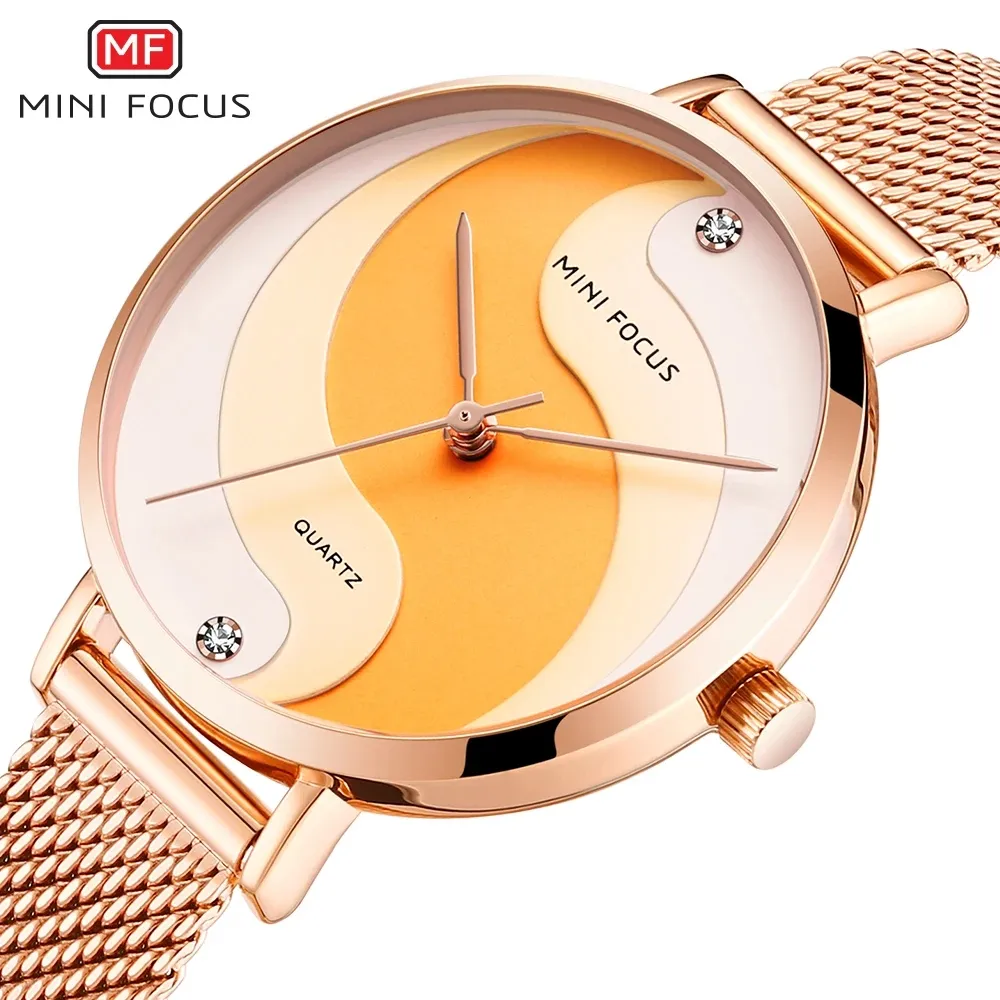 MINI FOCUS MF0291L Montre de luxe jaune pour femme Mouvement à quartz Montre Reloj Boucle en acier massif Argent 3ATM Montre résistante à l'eau