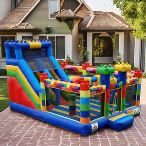 Château gonflable pour enfants avec toboggan et parcours d'obstacles à thème blocs, combo château <span class=keywords><strong>de</strong></span> saut humide/sec avec souffleur pour fête - Product Image 6