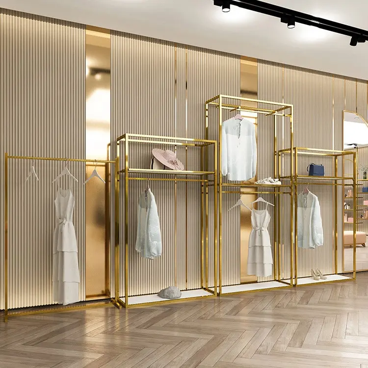 High Quality Gold Display Shelf Furniture Stand Design for Garment Store Clothing Display Rack