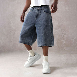 تصميم مخصص مبعثر حجر الراين فضفاض الدنيم Jorts المتعثرة تنحنح ضوء غسل الرجال الجينز السراويل كبيرة الحجم جوهرة الماس الجينز السراويل - Product Image 1