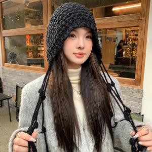 Red Hand Knitted Ski Cap With Tassel Warm Woolen Hat For Women Autumn Winter Style Earm Protector Solid Color Keep Warm - Product Image 2